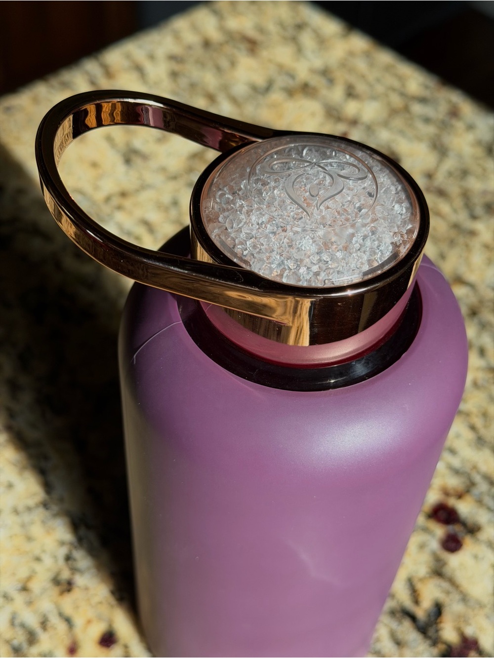 Plumb Alpana Glass Water Bottle with Sparkling Crystal and Rose Gold Lid - Picture 2 of 4